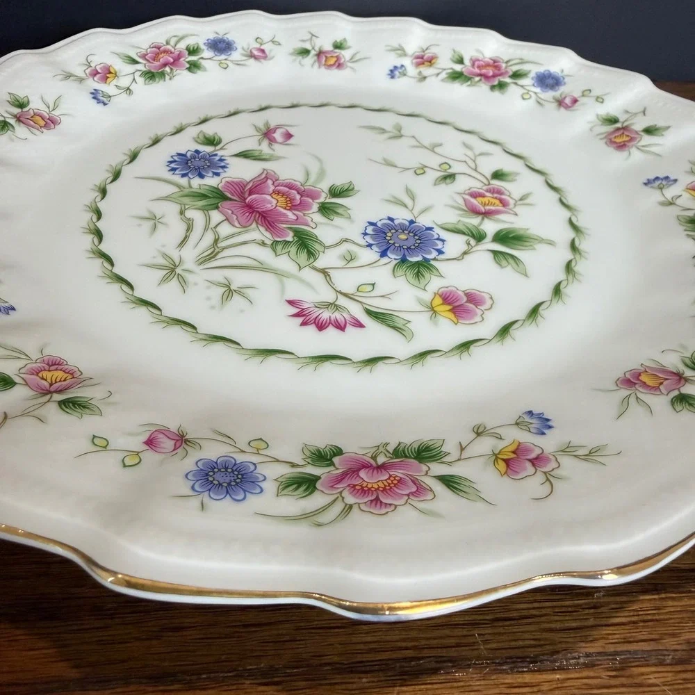 Spring Night Fine China Cake Plate Platter Floral Scalloped Gold Trim Vintage